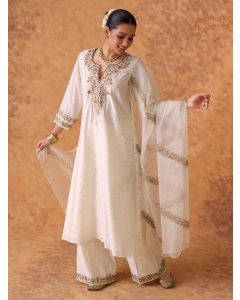 Off White Hand Embroidered Chanderi Suit- Set of 3