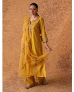Yellow Hand Embroidered Chanderi Suit- Set of 3