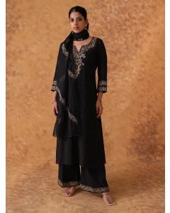 Black Hand Embroidered Chanderi Suit- Set of 3