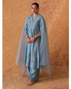 Powder Blue Hand Embroidered Chanderi Suit- Set of 3