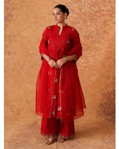 Red Hand Embroidered Chanderi Suit- Set of 3