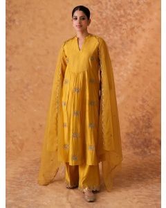 Yellow Hand Embroidered Chanderi Suit- Set of 3