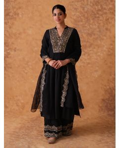 Black Hand Embroidered Chanderi Suit- Set of 3