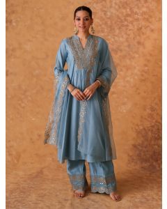 Powder Blue Hand Embroidered Chanderi Suit- Set of 3