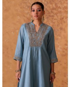 Powder Blue Hand Embroidered Chanderi Suit- Set of 3