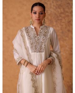 Off White Hand Embroidered Chanderi Suit- Set of 3