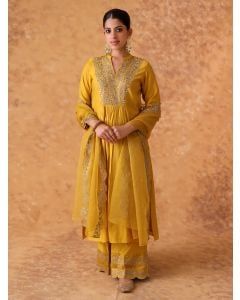Yellow Hand Embroidered Chanderi Suit- Set of 3