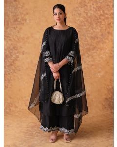 Black Hand Embroidered Chanderi Suit- Set of 3