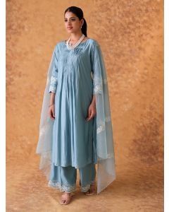 Powder Blue Hand Embroidered Chanderi Suit- Set of 3