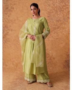 Lime Green Hand Embroidered Chanderi Suit- Set of 3