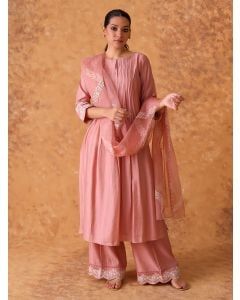 Pink Hand Embroidered Chanderi Suit- Set of 3