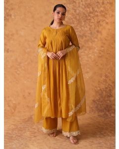 Yellow Hand Embroidered Chanderi Suit- Set of 3