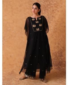 Black Hand Embroidered Georgette Kaftan with Pants- Set of 2