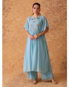 Powder Blue Hand Embroidered Georgette Kaftan with Pants- Set of 2