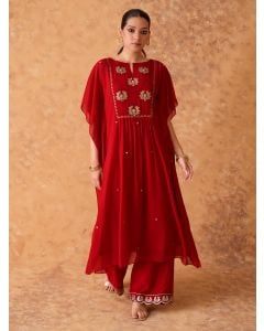 Red Hand Embroidered Georgette Kaftan with Pants- Set of 2