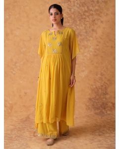 Yellow Hand Embroidered Georgette Kaftan with Pants- Set of 2