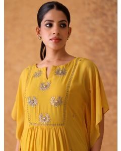 Yellow Hand Embroidered Georgette Kaftan with Pants- Set of 2