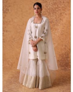 Off White Hand Embroidered Chanderi Gharara Suit- Set of 3