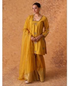 Yellow Hand Embroidered Chanderi Gharara Suit- Set of 3