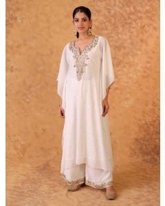 Off White Hand Embroidered Georgette Kaftan with Pants- Set of 2