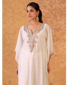 Off White Hand Embroidered Georgette Kaftan with Pants- Set of 2