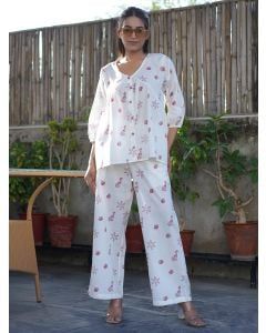White Hand Block Printed Cotton Co-ord Set- Set of 2