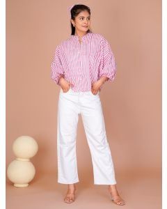 White Pink Hand Block Printed Cotton Shirt