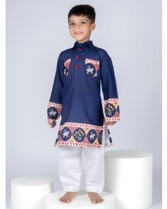 Blue Patola Printed Cotton Kurta with Pants- Set of 2