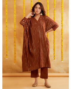 Brown Cotton Lurex Kaftan with Pants - Set of 2