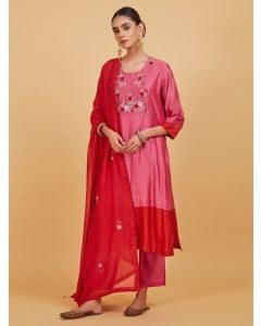 Pink Embroidered Chanderi Silk Suit - Set of 3