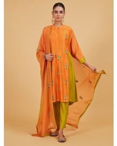 Orange Embroidered Chanderi Silk Suit - Set of 3