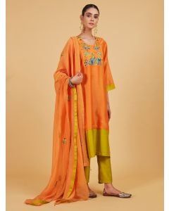 Orange Embroidered Chanderi Silk Suit - Set of 3