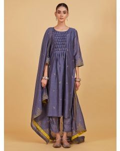 Grey Embroidered Chanderi Silk Suit - Set of 3