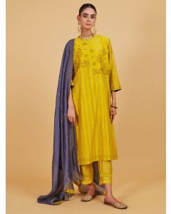 Yellow Thread Embroidered Chanderi Silk Suit - Set of 3