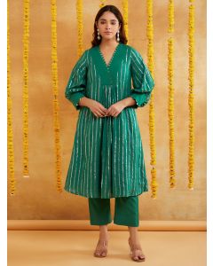 Dark Green Cotton Lurex Kurta with Pants - Set of 2