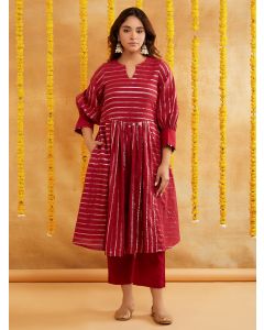Maroon Cotton Lurex Kurta with Pants - Set of 2