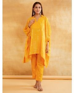 Yellow Cotton Lurex Kaftan with Pants - Set of 2