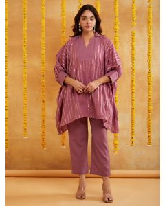 Mauve Cotton Lurex Kaftan with Pants - Set of 2