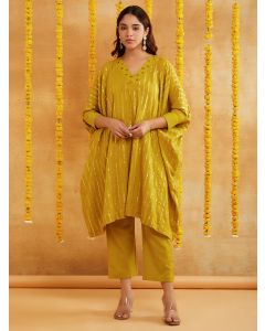 Mehendi Green Cotton Lurex Kaftan with Pants - Set of 2