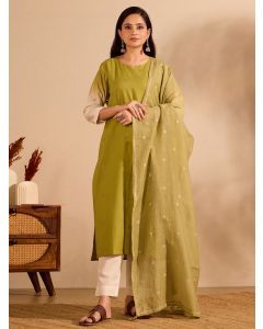 Green Embroidered Cotton Suit - Set of 3