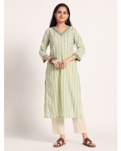 Green Hand Block Printed Cotton Kurta with Pants - Set of 2