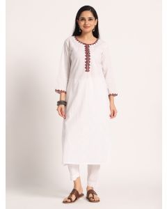 White Hand Block Printed Cotton Kurta with Pants - Set of 2