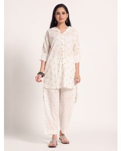 Ivory Embroidered Cotton Tunic with Pants - Set of 2