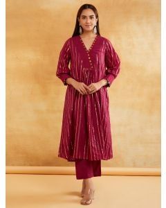 Wine Cotton Lurex Kurta with Pants - Set of 2