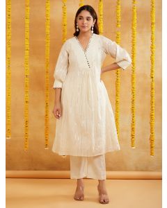 Off White Cotton Lurex Kurta with Pants - Set of 2
