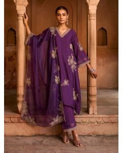 Purple Embroidered Organza Dupatta