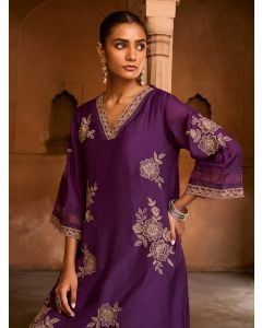 Purple Embroidered Chanderi Kurta with Pants- Set of 2