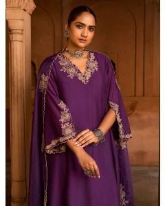 Purple Embroidered Chanderi Kurta with Pants- Set of 2