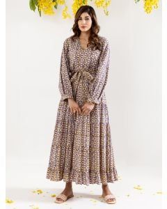 Purple Hand Block Printed Cotton Dress with Belt
