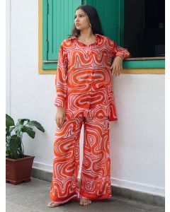 Orange Printed Cotton Silk Co-ord Set - Set of 2